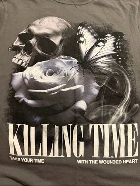 Men's Gray Graphic Tee - 'Killing Time' Skull & Butterfly